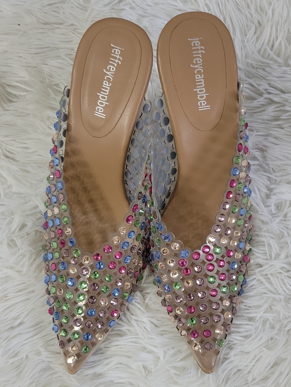 Jeffrey Campbell Beige Pointed Mule with Multicolor Gem Accents